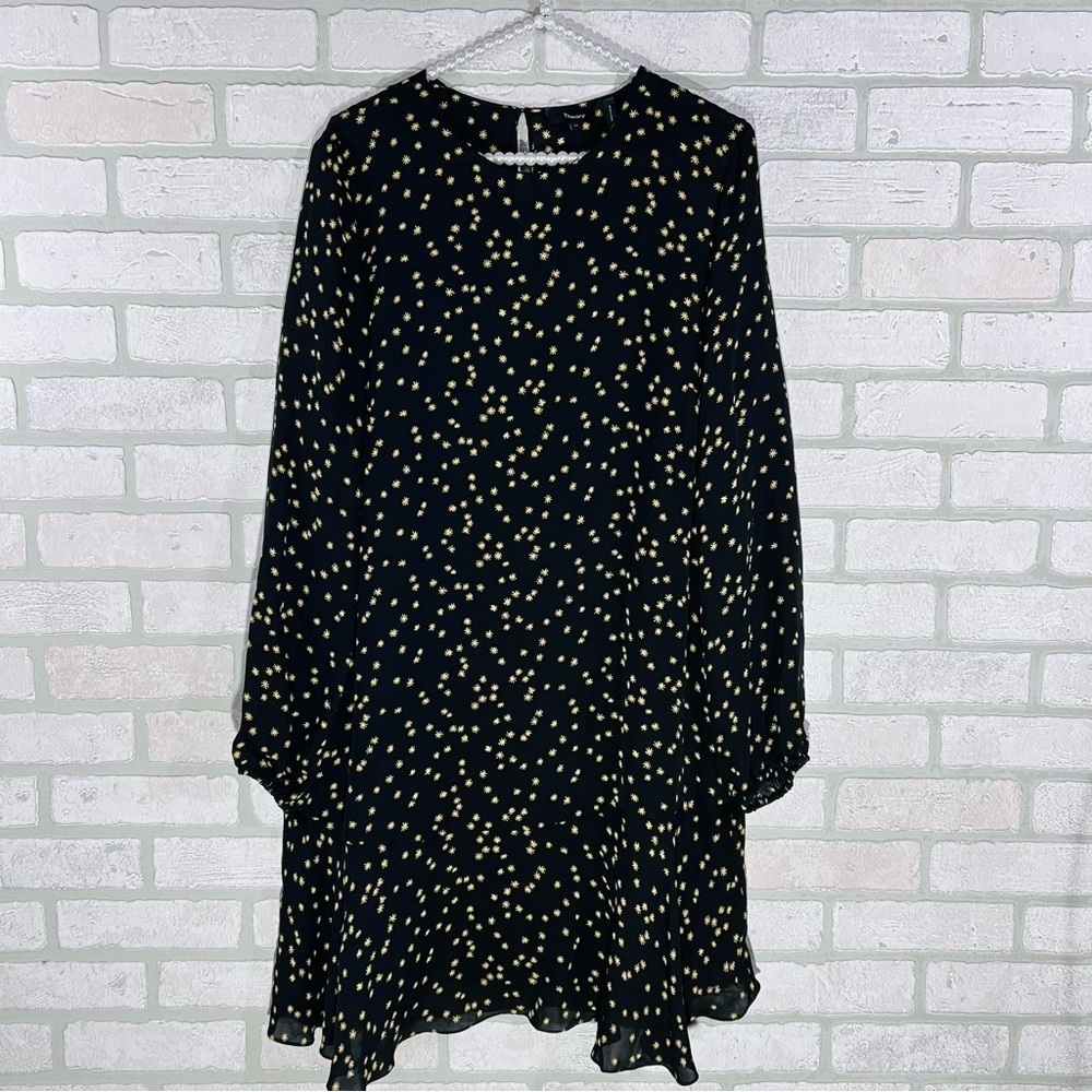 Theory Silk Star Print Shift Flounce Hem Long Sleeve Dress Size 10 - Picture 4 of 10